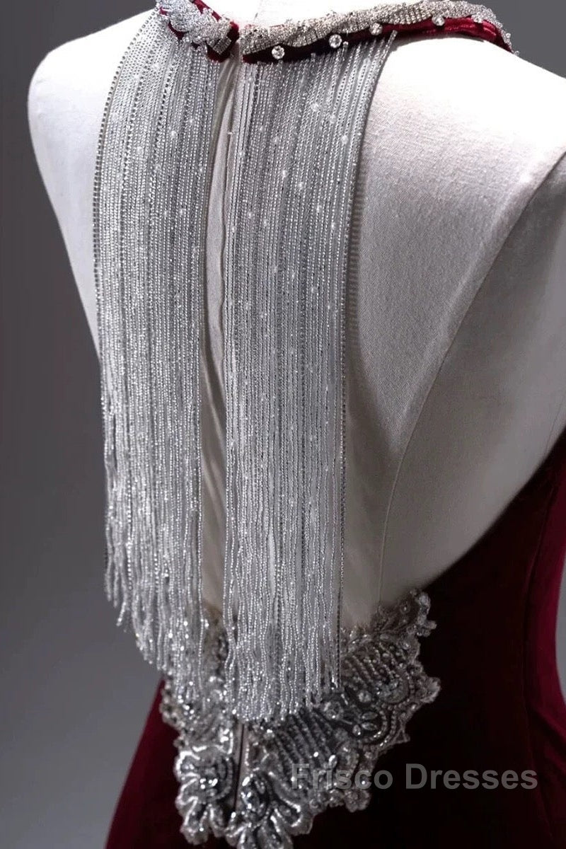 Pretty Mermaid Burgundy Velvet Long Backless Evening Dress Formal Prom Dress