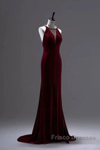 Pretty Mermaid Burgundy Velvet Long Backless Evening Dress Formal Prom Dress