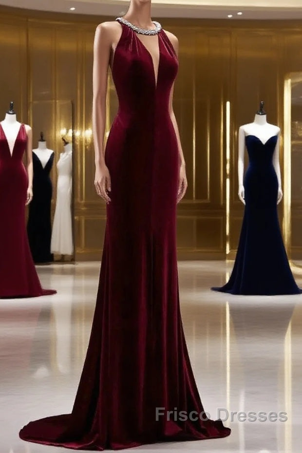Pretty Mermaid Burgundy Velvet Long Backless Evening Dress Formal Prom Dress Main image