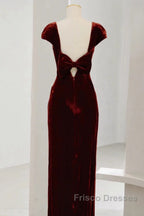 Pretty Mermaid Burgundy Velvet Slit Evening Dress Formal Prom Dress