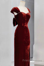 Pretty Mermaid Burgundy Velvet Slit Evening Dress Formal Prom Dress