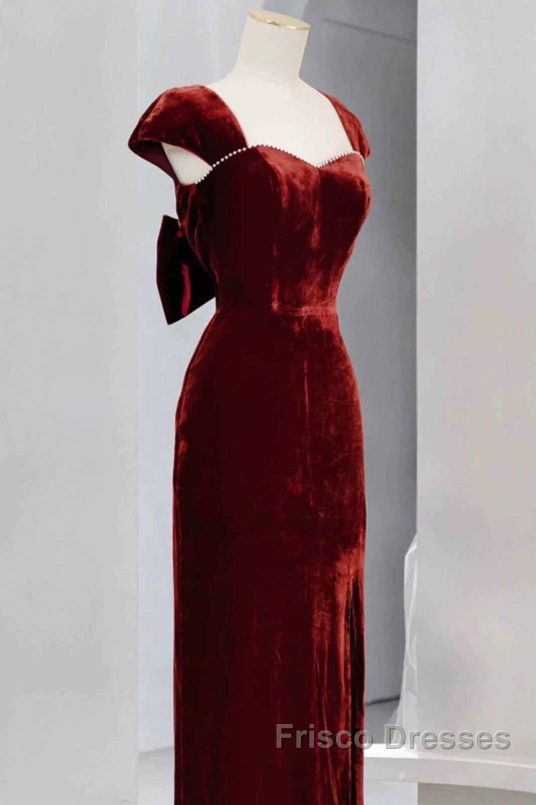 Pretty Mermaid Burgundy Velvet Slit Evening Dress Formal Prom Dress