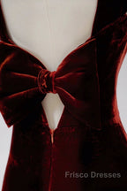 Pretty Mermaid Burgundy Velvet Slit Evening Dress Formal Prom Dress