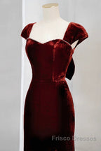 Pretty Mermaid Burgundy Velvet Slit Evening Dress Formal Prom Dress