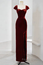 Pretty Mermaid Burgundy Velvet Slit Evening Dress Formal Prom Dress