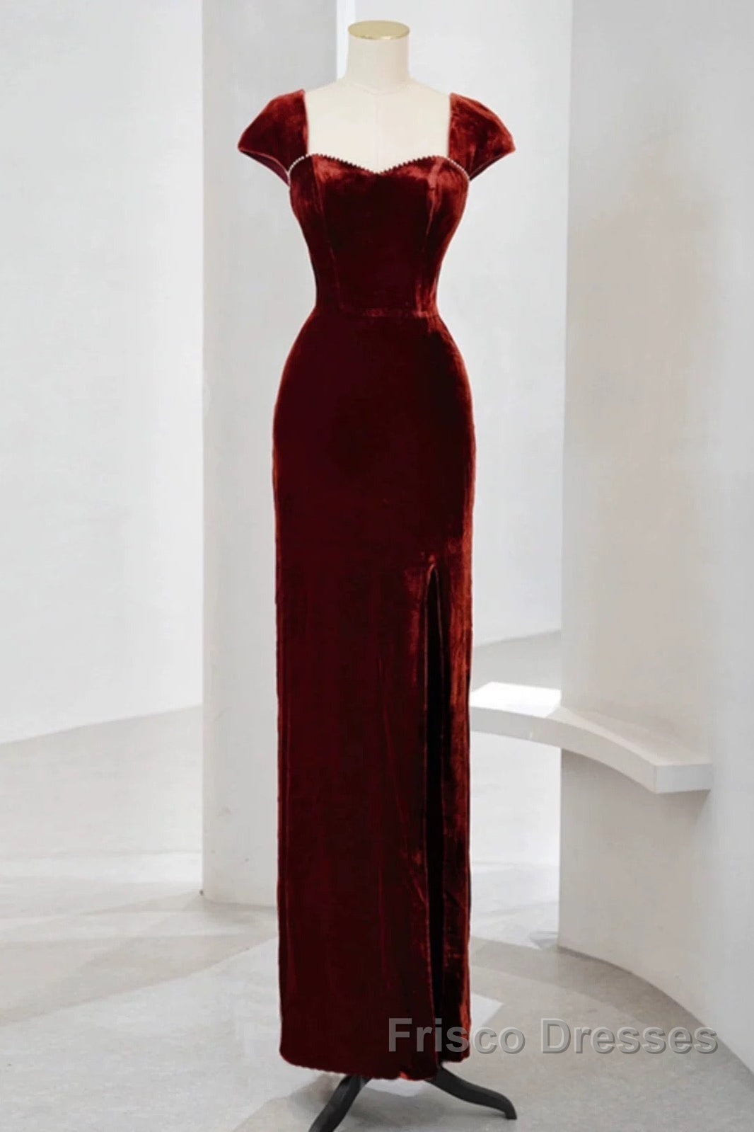 Pretty Mermaid Burgundy Velvet Slit Evening Dress Formal Prom Dress