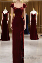Pretty Mermaid Burgundy Velvet Slit Evening Dress Formal Prom Dress