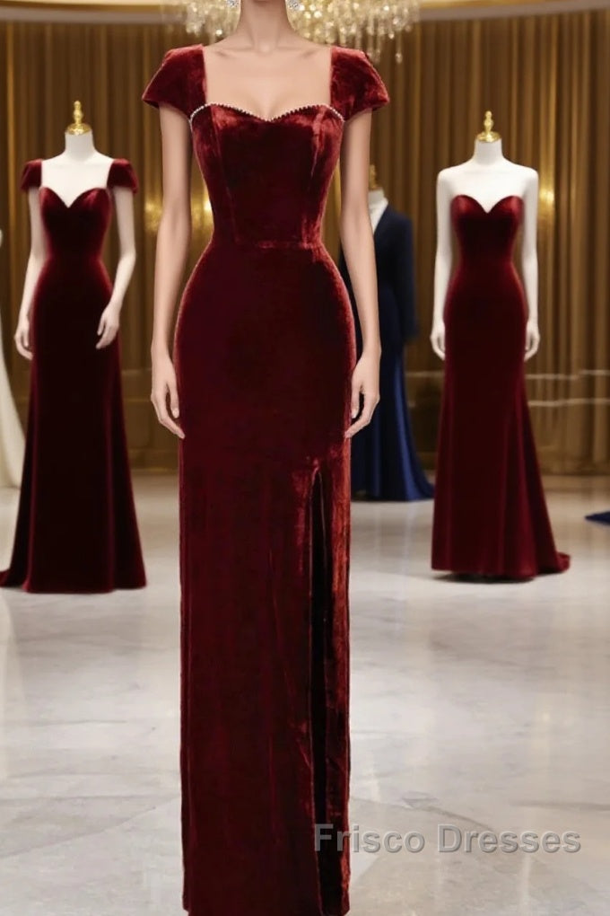 Pretty Mermaid Burgundy Velvet Slit Evening Dress Formal Prom Dress