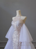 Pretty Mermaid High Neckline Sequin Beads Long Formal Prom Dress Formal Evening Dress