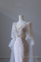 Pretty Mermaid Long Sleeves Pink Formal Prom Dress Evening Gowns