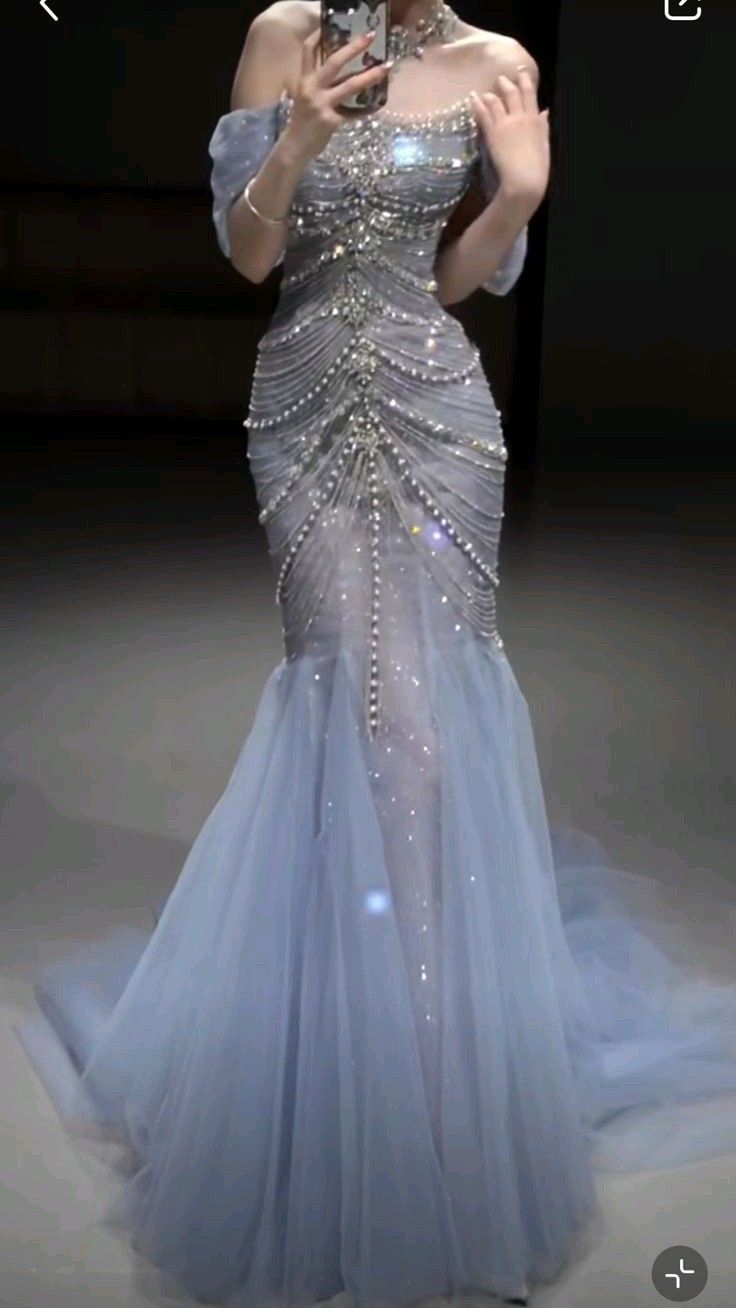 Pretty Mermaid Off The Shoulder Blue Tulle Silver Beads Long Prom Dresses Formal Evening Dress Secondary image