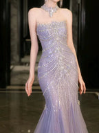 Pretty Mermaid Off The Shoulder Blue Tulle Silver Beads Long Prom Dresses Formal Evening Dress