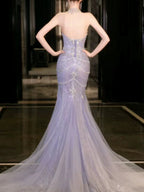 Pretty Mermaid Off The Shoulder Blue Tulle Silver Beads Long Prom Dresses Formal Evening Dress