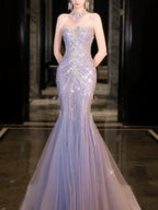 Pretty Mermaid Off The Shoulder Blue Tulle Silver Beads Long Prom Dresses Formal Evening Dress