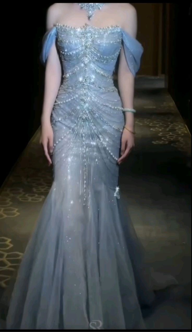 Pretty Mermaid Off The Shoulder Blue Tulle Silver Beads Long Prom Dresses Formal Evening Dress Main image
