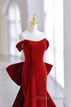 Pretty Mermaid Off The Shoulder Burgundy Satin Long Evening Dress Formal Prom Dress