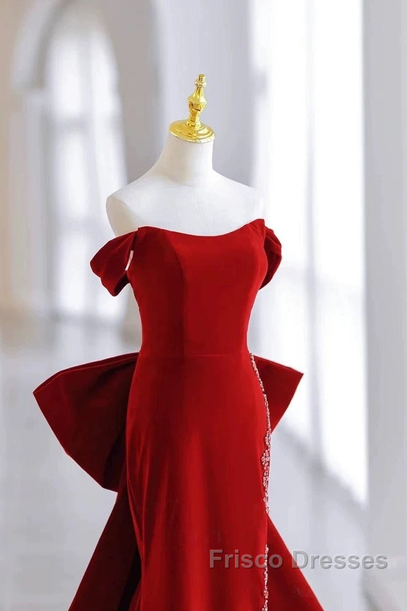 Pretty Mermaid Off The Shoulder Burgundy Satin Long Evening Dress Formal Prom Dress