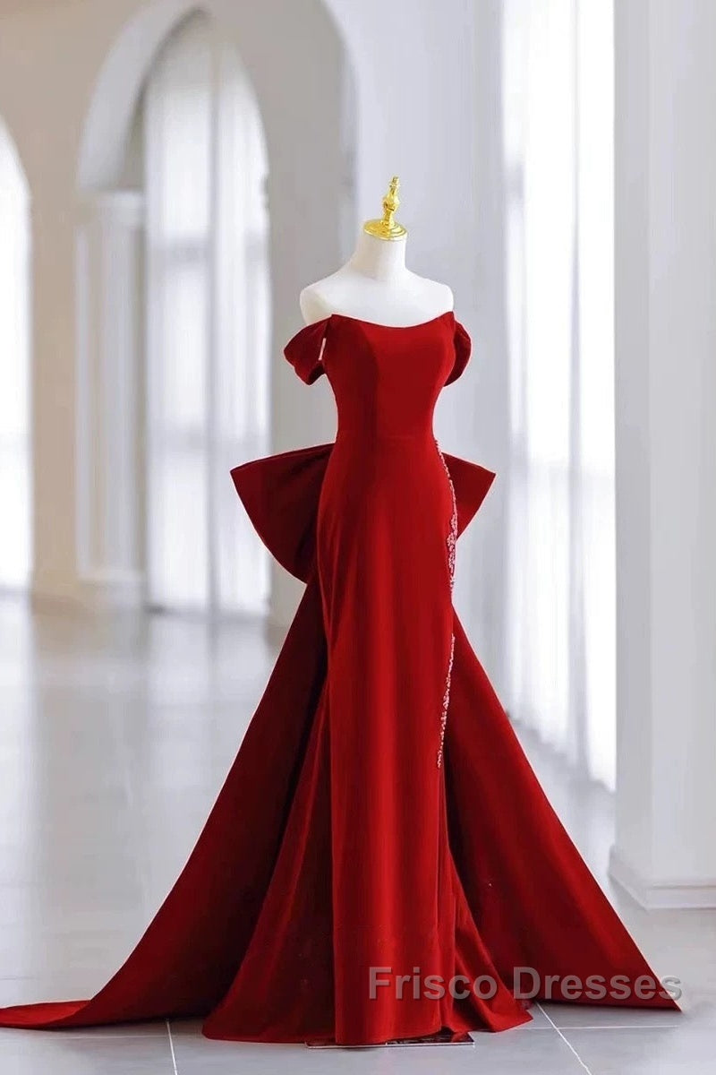 Pretty Mermaid Off The Shoulder Burgundy Satin Long Evening Dress Formal Prom Dress