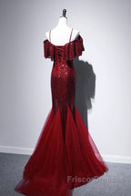 Pretty Mermaid Off The Shoulder Burgundy Sequin Long Evening Dress Formal Prom Dress