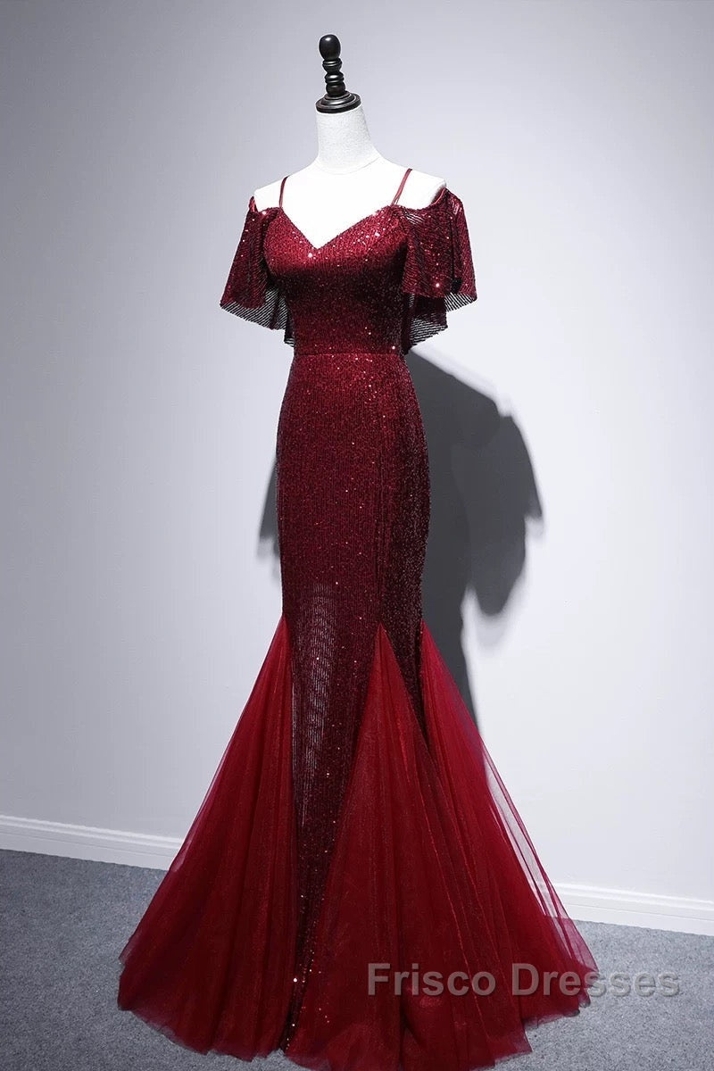 Pretty Mermaid Off The Shoulder Burgundy Sequin Long Evening Dress Formal Prom Dress