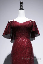 Pretty Mermaid Off The Shoulder Burgundy Sequin Long Evening Dress Formal Prom Dress