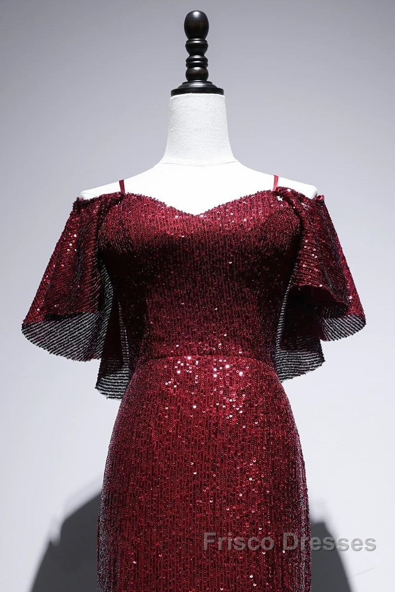 Pretty Mermaid Off The Shoulder Burgundy Sequin Long Evening Dress Formal Prom Dress
