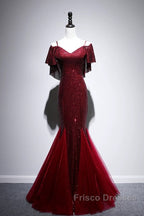 Pretty Mermaid Off The Shoulder Burgundy Sequin Long Evening Dress Formal Prom Dress
