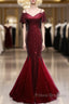 Pretty Mermaid Off The Shoulder Burgundy Sequin Long Evening Dress Formal Prom Dress