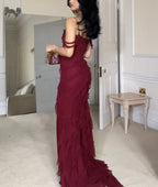Pretty Mermaid Off The Shoulder Burgundy Slit Long Prom Dresses Formal Evening Dress