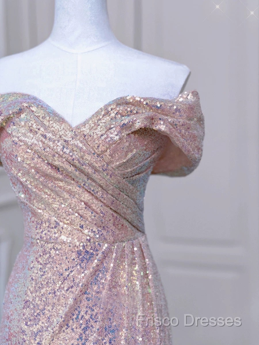 Pretty Mermaid Off The Shoulder Pink Sequin Long Formal Dress Formal Prom Dress