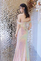 Pretty Mermaid Off The Shoulder Pink Sequin Long Formal Dress Formal Prom Dress
