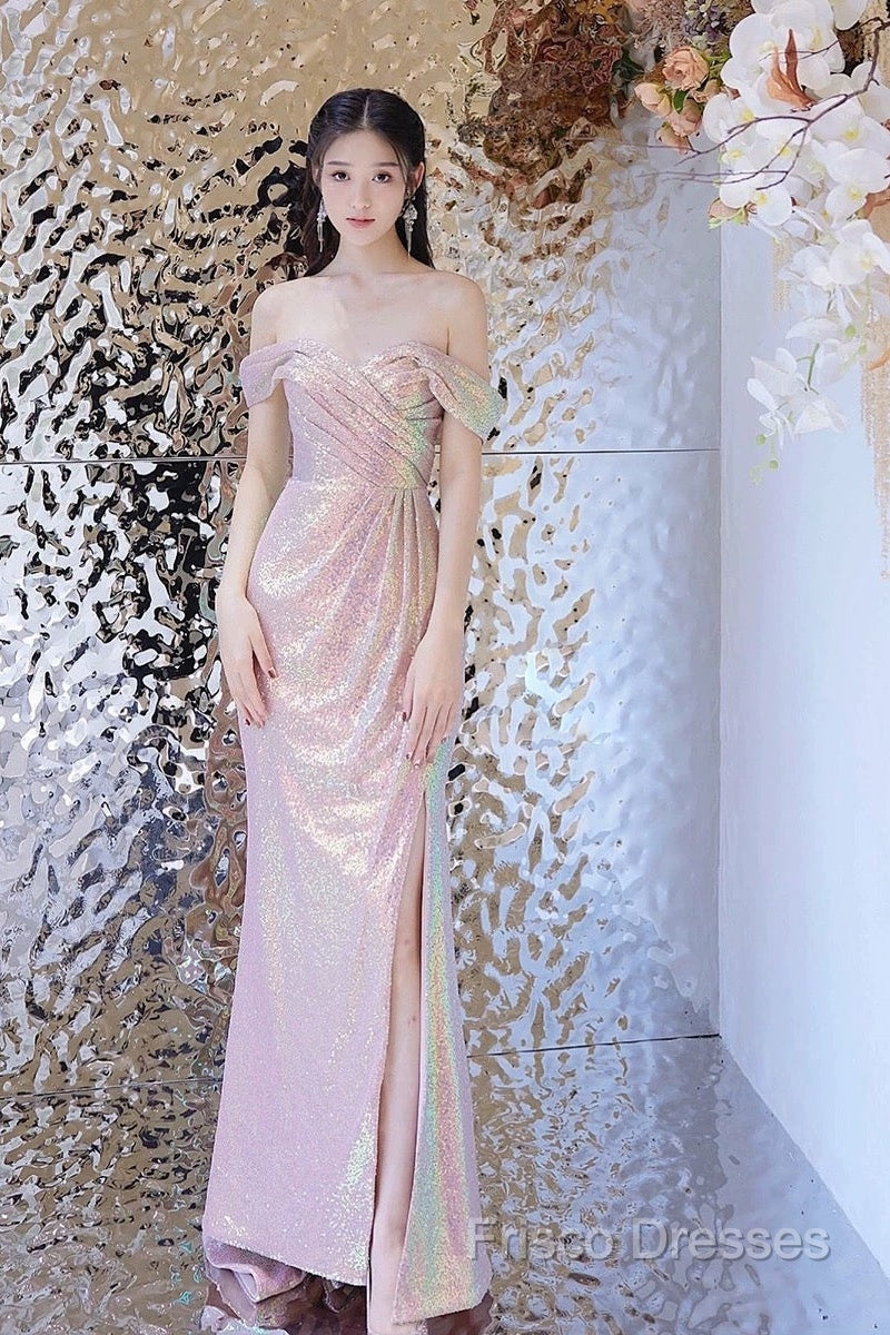 Pretty Mermaid Off The Shoulder Pink Sequin Long Formal Dress Formal Prom Dress