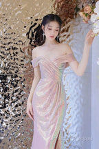 Pretty Mermaid Off The Shoulder Pink Sequin Long Formal Dress Formal Prom Dress