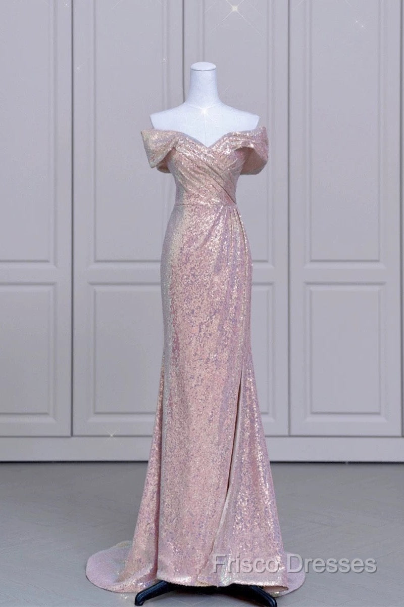 Pretty Mermaid Off The Shoulder Pink Sequin Long Formal Dress Formal Prom Dress