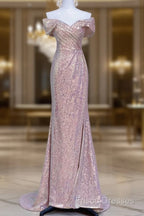 Pretty Mermaid Off The Shoulder Pink Sequin Long Formal Dress Formal Prom Dress