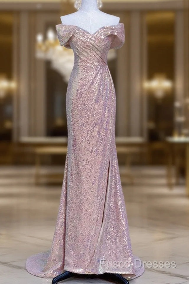 Pretty Mermaid Off The Shoulder Pink Sequin Long Formal Dress Formal Prom Dress