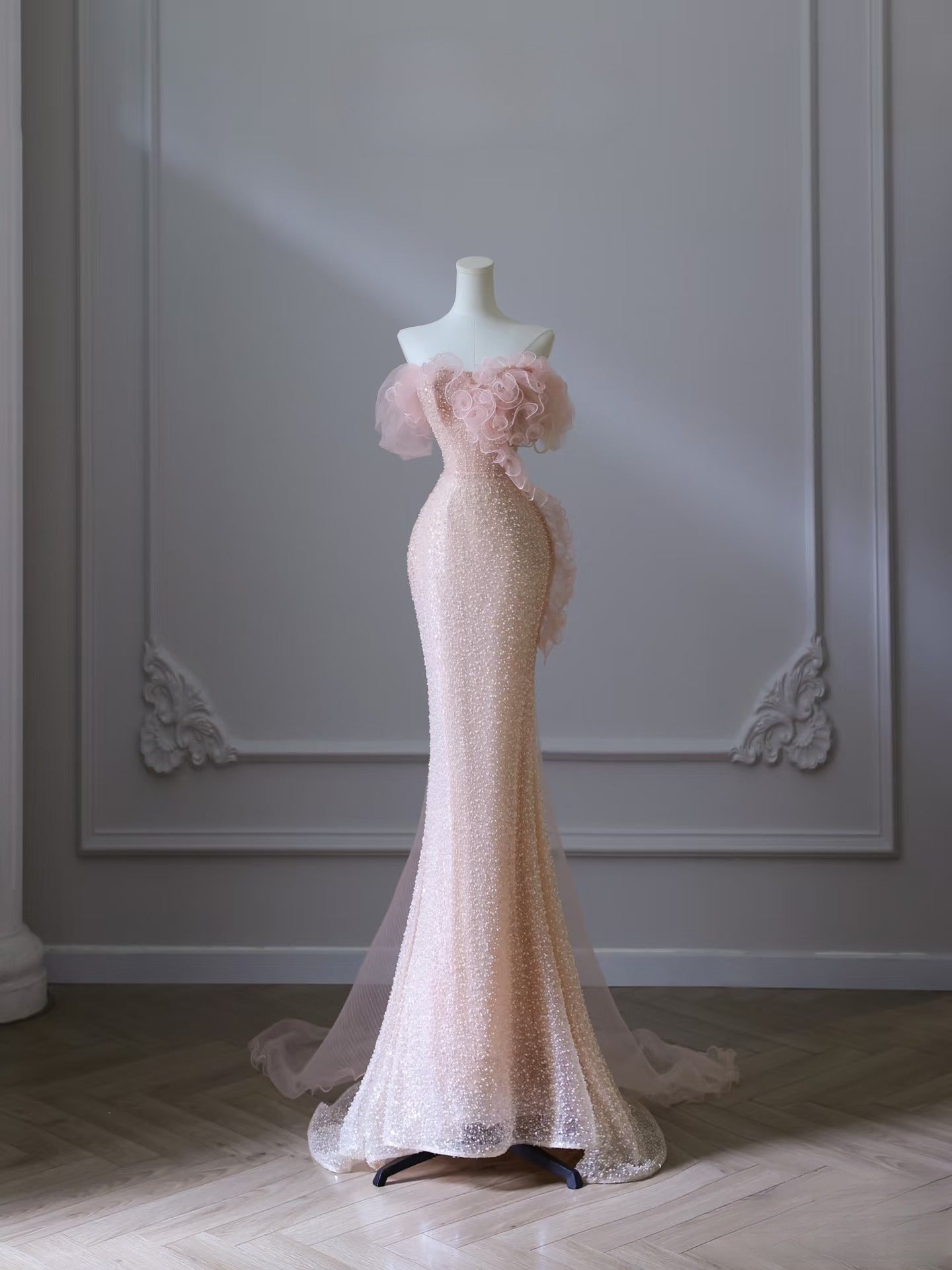 Pretty Mermaid Off The Shoulder Pink Sequin Long Prom Dresses Evening Gowns Main image