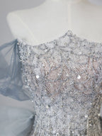 Pretty Mermaid Off The Shoulder Sequin Blue Long Formal Prom Dress Formal Gowns