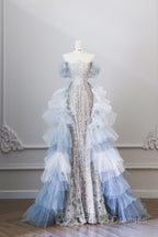 Pretty Mermaid Off The Shoulder Sequin Blue Long Formal Prom Dress Formal Gowns