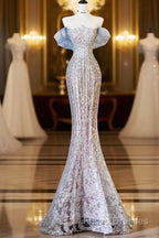 Pretty Mermaid Off The Shoulder Sequin Blue Long Formal Prom Dress Formal Gowns
