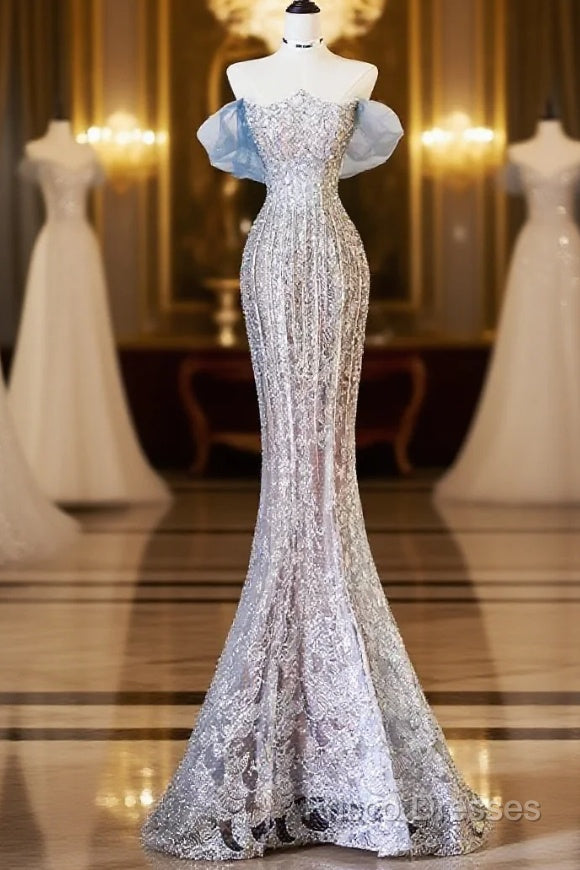 Pretty Mermaid Off The Shoulder Sequin Blue Long Formal Prom Dress Formal Gowns