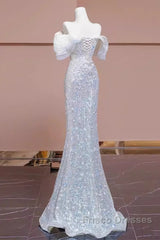Pretty Mermaid Off The Shoulder Sequin Long Evening Party Dress Formal Prom Dress