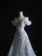 Pretty Mermaid Off The Shoulder Silver Beads Long Formal Prom Dress Formal Evening Dress