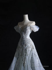 Pretty Mermaid Off The Shoulder Silver Beads Long Prom Dresses Formal Evening Dress