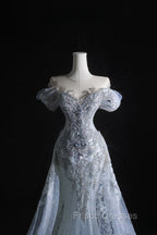 Pretty Mermaid Off The Shoulder Silver Beads Long Formal Prom Dress Formal Evening Dress