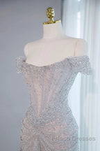 Pretty Mermaid Off The Shoulder Silver Sequin Evening Dress Formal Prom Dress