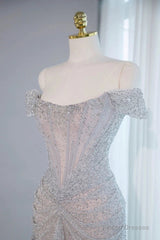 Pretty Mermaid Off The Shoulder Silver Sequin Evening Dress Prom Dresses