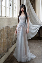 Pretty Mermaid Off The Shoulder Silver Sequin Evening Dress Formal Prom Dress