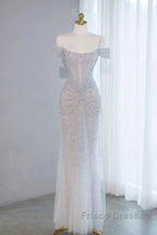 Pretty Mermaid Off The Shoulder Silver Sequin Evening Dress Formal Prom Dress