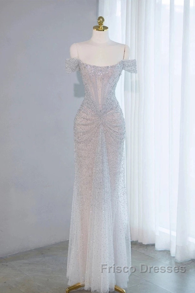 Pretty Mermaid Off The Shoulder Silver Sequin Evening Dress Formal Prom Dress